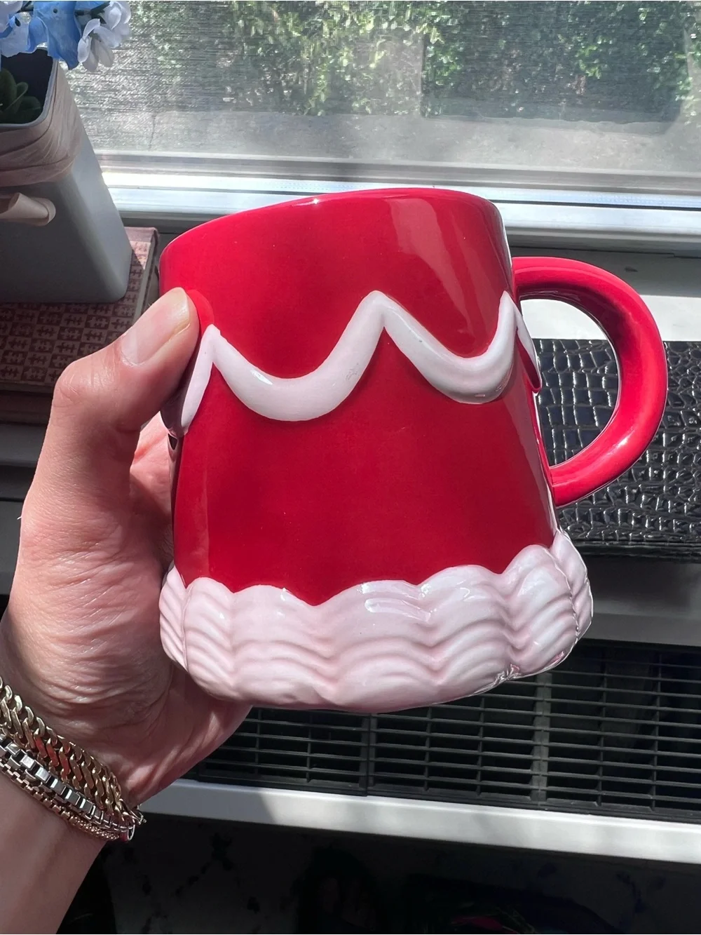 Red Ceramic Mug with White Frosted Trim